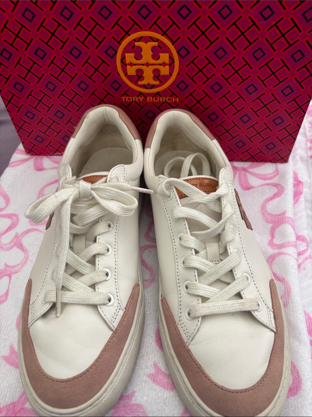 Tory Burch White Leather Sneakers with Blush Suede Accents